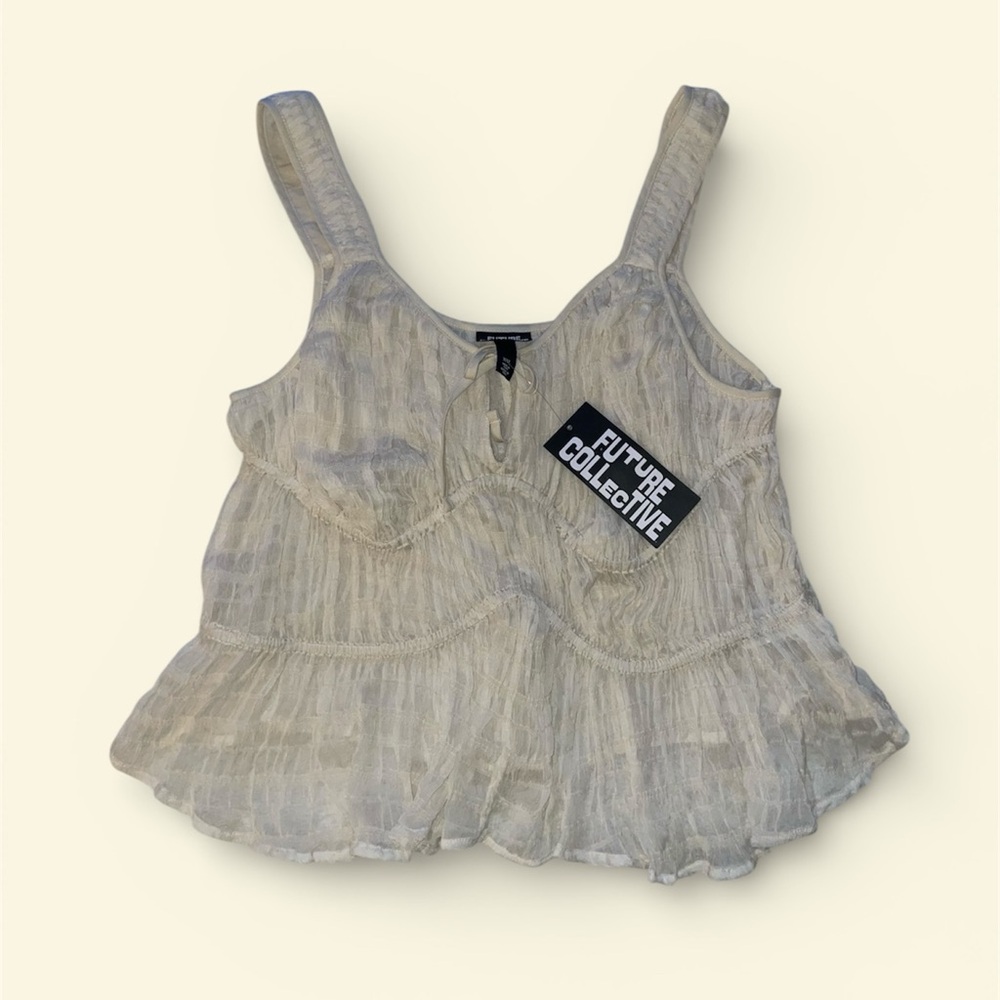 Future Collective Cream Sleeveless Gathered Tank Top with Front Tie Detail - Picture 6 of 6